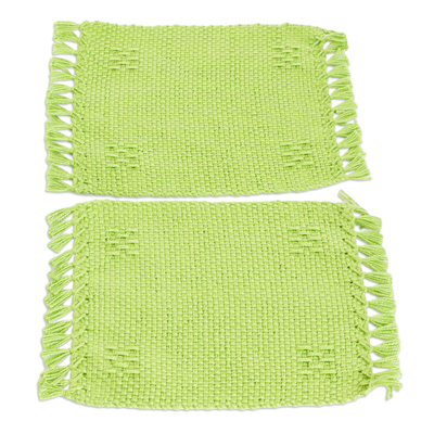 Cotton coasters, 'Lemony Lime' (pair) - Pair of Hand-Woven Cotton Coasters in Green with Fringes