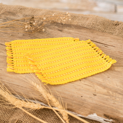 Cotton coasters, 'Sunrise' (pair) - 2 Hand-Woven Fringed Cotton Coasters in Yellow and Orange