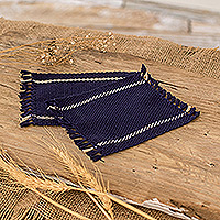 Cotton coasters, 'Moments' (pair) - Pair of Hand-Woven Fringed Cotton Coasters in Blue and White