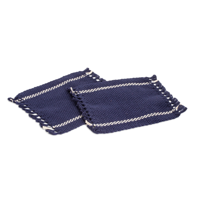 Cotton coasters, 'Moments' (pair) - Pair of Hand-Woven Fringed Cotton Coasters in Blue and White