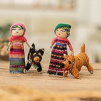 Worry dolls, 'Loyal Companions' (set of 2) - Set of 2 Handmade Cotton Worry Dolls and Dogs from Guatemala
