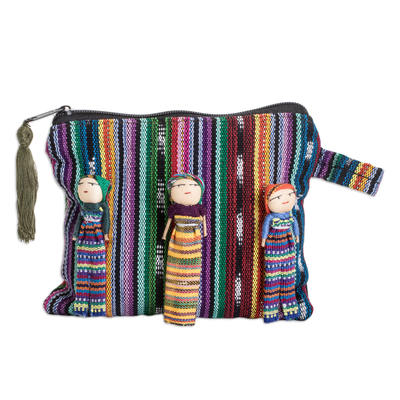 Cotton cosmetic bag, 'Stylish Dolls' - Handwoven Colorful Cotton Cosmetic Bag with Worry Dolls