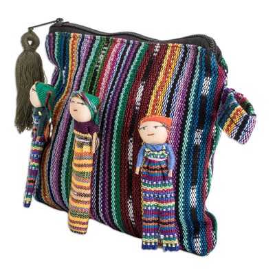 Cotton cosmetic bag, 'Stylish Dolls' - Handwoven Colorful Cotton Cosmetic Bag with Worry Dolls
