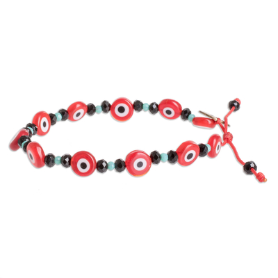 Crystal and glass beaded bracelet, 'Red Protection' - Crystal and Nazar Glass Beaded Bracelet in Red Hues