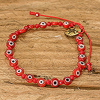 Crystal and glass beaded bracelet, 'Red Guards' - Adjustable Red Crystal and Nazar Glass Beaded Bracelet