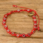 Crystal and glass beaded bracelet, 'Red Guards' - Adjustable Red Crystal and Nazar Glass Beaded Bracelet