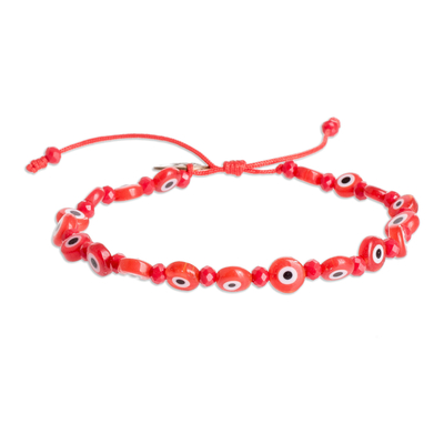 Crystal and glass beaded bracelet, 'Red Guards' - Adjustable Red Crystal and Nazar Glass Beaded Bracelet