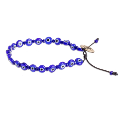 Crystal and glass beaded bracelet, 'Blue Guards' - Adjustable Blue Crystal and Nazar Glass Beaded Bracelet