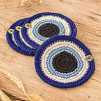 Cotton coasters, 'Sapphire Signs' (set of 4) - Knit Sapphire Cotton Coasters from Guatemala (Set of 4)