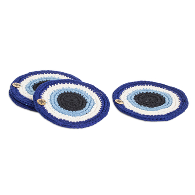 Cotton coasters, 'Sapphire Signs' (set of 4) - Knit Sapphire Cotton Coasters from Guatemala (Set of 4)