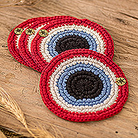 Cotton coasters, 'Scarlet Signs' (set of 4) - Knit Scarlet Cotton Coasters from Guatemala (Set of 4)