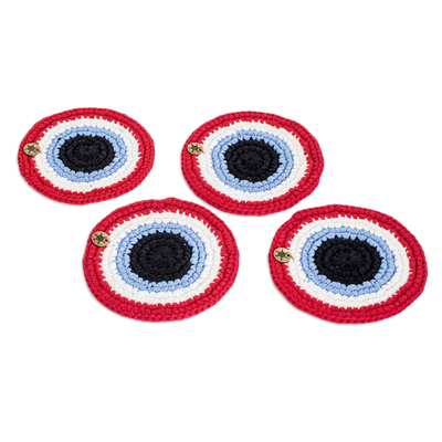 Cotton coasters, 'Scarlet Signs' (set of 4) - Knit Scarlet Cotton Coasters from Guatemala (Set of 4)