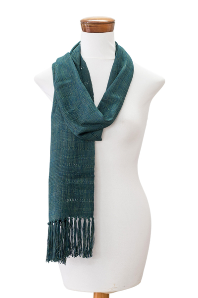 Rayon scarf, 'Teal Guatemala' - Handloomed Striped Teal Rayon Scarf with Fringes
