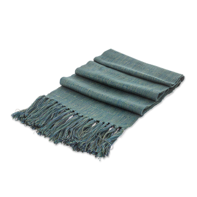 Bufanda de rayón - Bufanda de rayón verde azulado a rayas con flecos