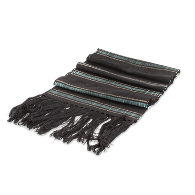 Rayon scarf, 'Cerulean Rivers' - Handloomed Striped Cerulean and Black Rayon Scarf