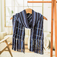 Rayon scarf, 'Cloudscape in Indigo' - Handloomed Striped Indigo and Midnight Rayon Scarf