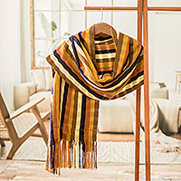Handwoven shawl, 'Rich Lands' - Handloomed Striped Warm-Toned Acrylic Shawl with Fringes