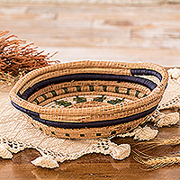 Natural fiber basket, 'Night Nature' - Handwoven Natural Fiber Basket in Navy and Green Hues