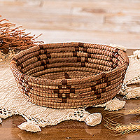 Natural fiber basket, 'Harmony in the Forest' - Handwoven Natural Fiber Basket with Brown Cross Motifs