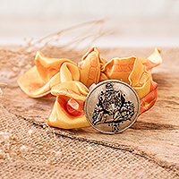 Nickel and silk pendant bracelet, 'I'x Essence' - Nickel I'x Sign Pendant Bracelet with Orange Silk Textile