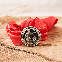 Nickel and silk pendant bracelet, 'Tz'ikin Essence' - Nickel Tz'ikin Sign Pendant Bracelet with Red Silk Textile