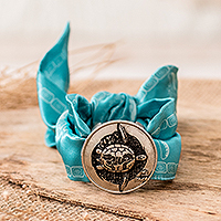 Nickel and silk pendant bracelet, 'Kawok Essence' - Nickel Kawok Sign Pendant Bracelet with Turquoise Silk
