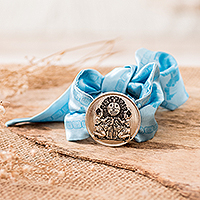 Nickel and silk pendant bracelet, 'Ajpu Essence' - Nickel Ajpu Sign Pendant Bracelet with Sky Blue Silk Textile
