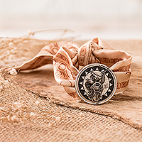 Nickel and silk pendant bracelet, 'Iq' Essence' - Nickel Iq' Sign Pendant Bracelet with Beige Silk Textile