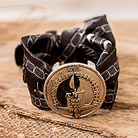 Nickel and silk pendant bracelet, 'Aq'ab'al Essence' - Nickel Aq'ab'al Sign Pendant Bracelet with Silk Textile