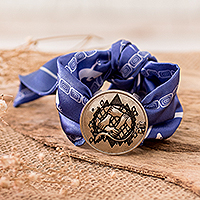 Nickel and silk pendant bracelet, 'K'at Essence' - Nickel K'at Sign Pendant Bracelet with Blue Silk Textile