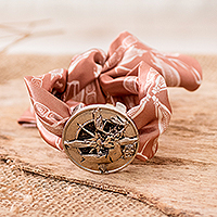 Nickel and silk pendant bracelet, 'Kej Essence' - Nickel Kej Sign Pendant Bracelet with Pink Silk Textile