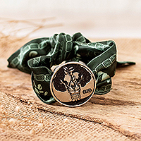 Nickel and silk pendant bracelet, 'Q'anil Essence' - Nickel Q'anil Sign Pendant Bracelet with Green Silk Textile