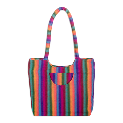Cotton shoulder bag, 'Colorful Countryside Stripes' - Striped Cotton Shoulder Bag Hand Woven in Guatemala