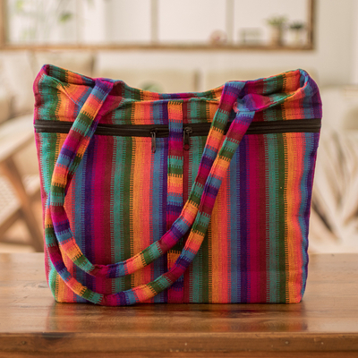 Cotton shoulder bag, 'Colorful Countryside Stripes' - Striped Cotton Shoulder Bag Hand Woven in Guatemala