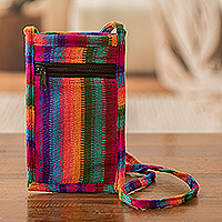 Cotton cell phone sling bag, 'Colorful Countryside Stripes' - Striped Cotton Cell Phone Sling Bag Hand Woven in Guatemala