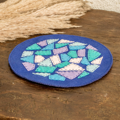 Felt doily, 'Magical Fragments' - Handcrafted Geometric Round Blue and Purple Felt Doily