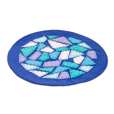 Felt doily, 'Magical Fragments' - Handcrafted Geometric Round Blue and Purple Felt Doily