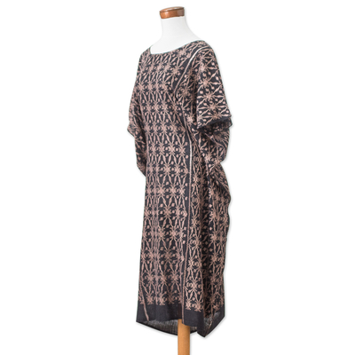 Handloomed cotton caftan dress, 'Ancestral Night' - Pic'bil Handloomed Black and Canteloupe Cotton Caftan Dress