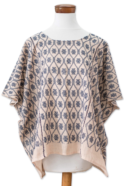 Handloomed cotton caftan top, 'Celestial Waters' - Pic'bil Handloomed Ivory and Cerulean Cotton Caftan Top
