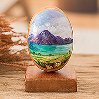 Wood decorative accent, 'Atitlan Lake' - Hand-Painted Egg-Shaped Atitlan Lake Wood Decorative Accent