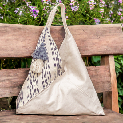 Cotton shopping bag, 'Natural Lines' - Handcrafted Eco-Friendly Ivory and Azure Cotton Shopping Bag
