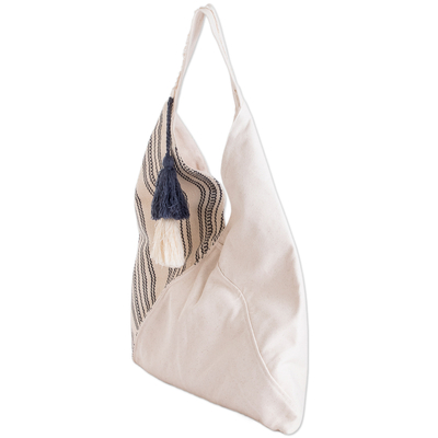 Bolsa de compras de algodón - Bolsa de compras hecha a mano de algodón ecológico de marfil y azul
