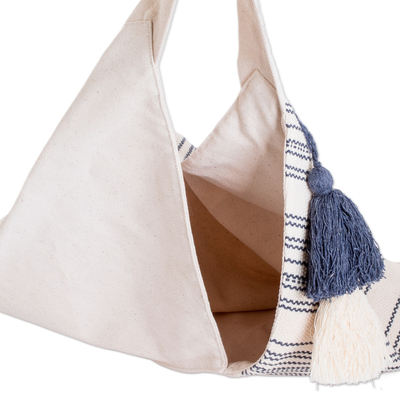 Bolsa de compras de algodón - Bolsa de compras hecha a mano de algodón ecológico de marfil y azul