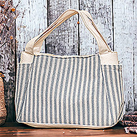 Cotton handle bag, 'Blue Versatility' - Handcrafted Azure and Alabaster Striped Cotton Handle Bag