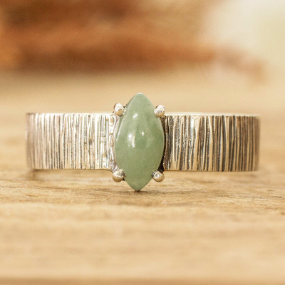 Jade single stone ring, 'Vitality Stripes' - Striped Sterling Silver Single Stone Ring with Green Jade
