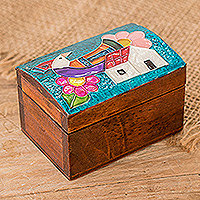 Wood decorative box, 'Happy Village' - Handcrafted Floral Pinewood Decorative Box in Colorful Hues