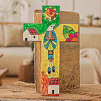 Wood and aluminum cross, 'Peace for the Planet' - Hand-Painted Classic Folk Art Pinewood and Aluminum Cross