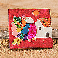Wood and aluminum magnet, 'Memories from El Salvador' - Classic Bird-Themed Repoussé Pinewood and Aluminum Magnet