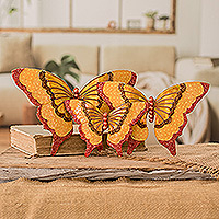 Beaded plasterboard wall accents, 'Abundance Butterflies' (set of 3) - Set of 3 Handcrafted Golden Beaded Butterfly Wall Accents