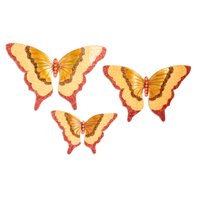 Beaded plasterboard wall accents, 'Abundance Butterflies' (set of 3) - Set of 3 Handcrafted Golden Beaded Butterfly Wall Accents